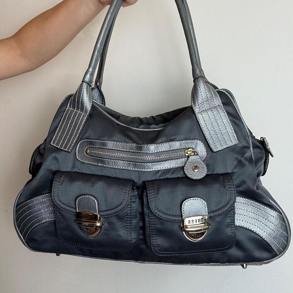 Guess vintage Y2K era cargo-style grey nylon shoulder bag with pockets